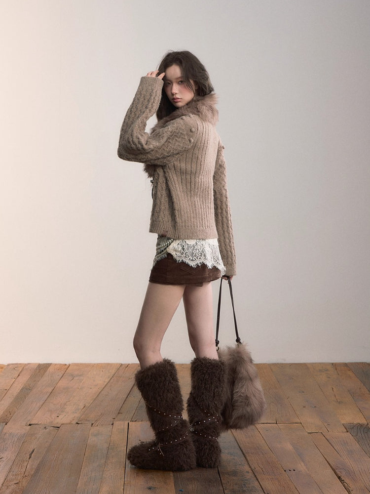 Pom-Pom Textured Knit Cardigan