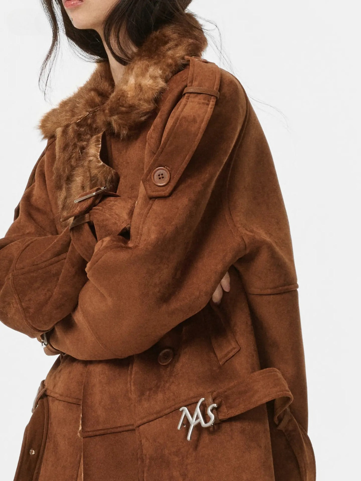 Faux Suede Plush Collar Coat
