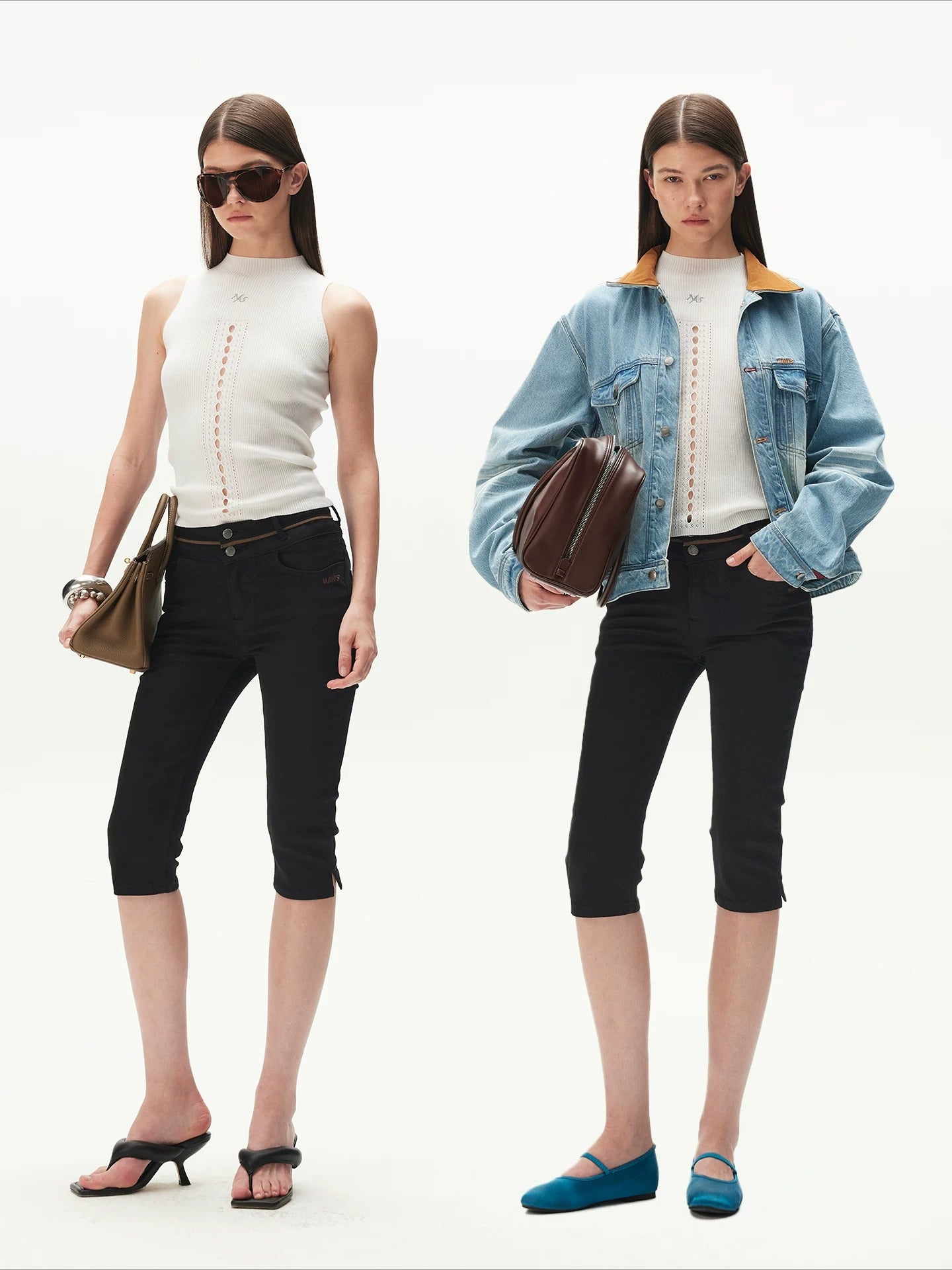 Contrast-Panel Capri Denim Shorts