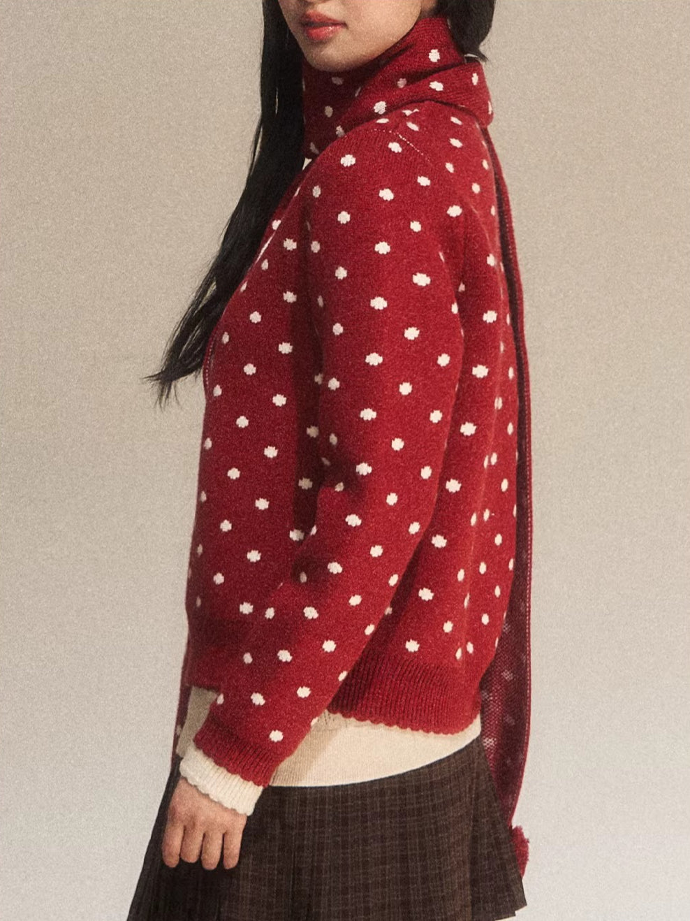 Red Contrast Polka Dot Knit Cardigan