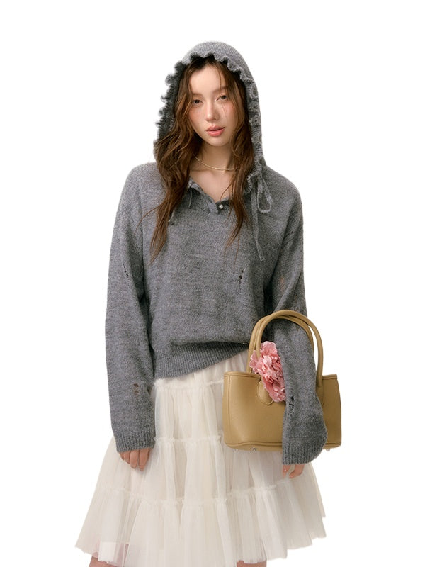 Ruffle‑Trim Hooded Pullover Sweater