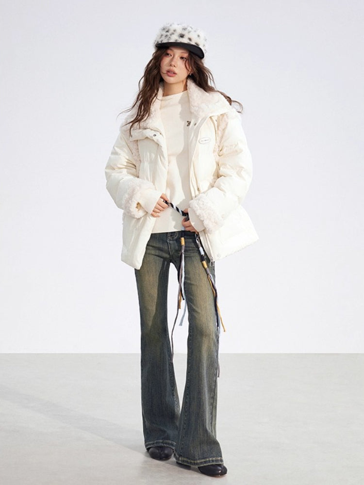 Shearling Patchwork White Down Puffer Jacket