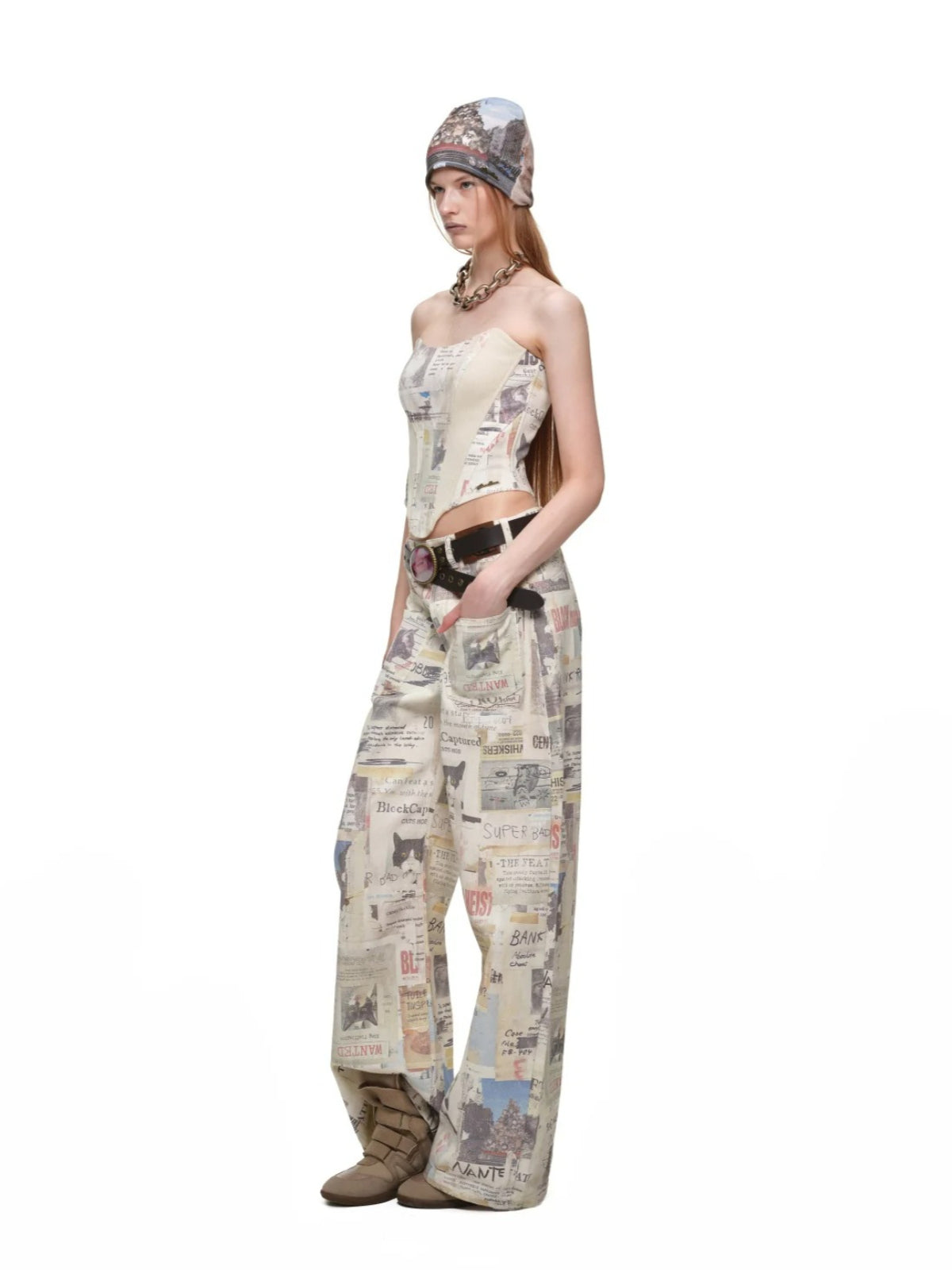 Cat Newspaper Print Corset Top