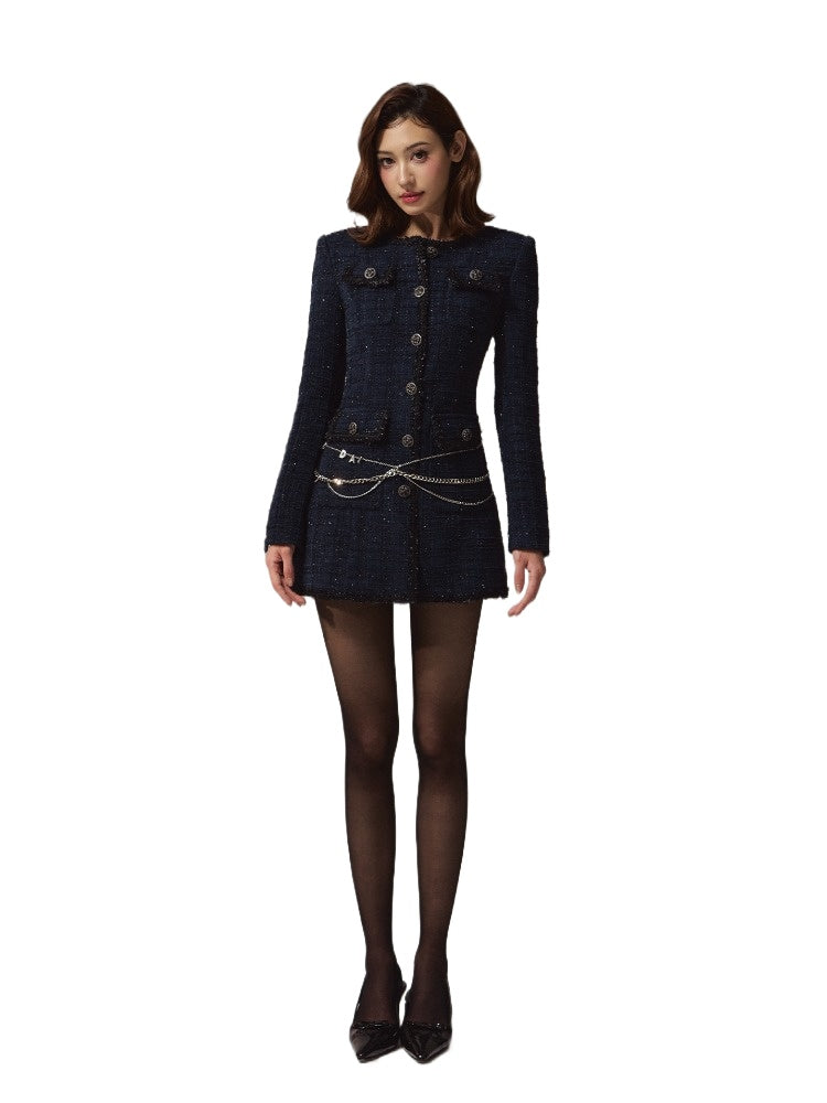Scottish Wool-Blend Tweed Vintage Navy Fitted Dress