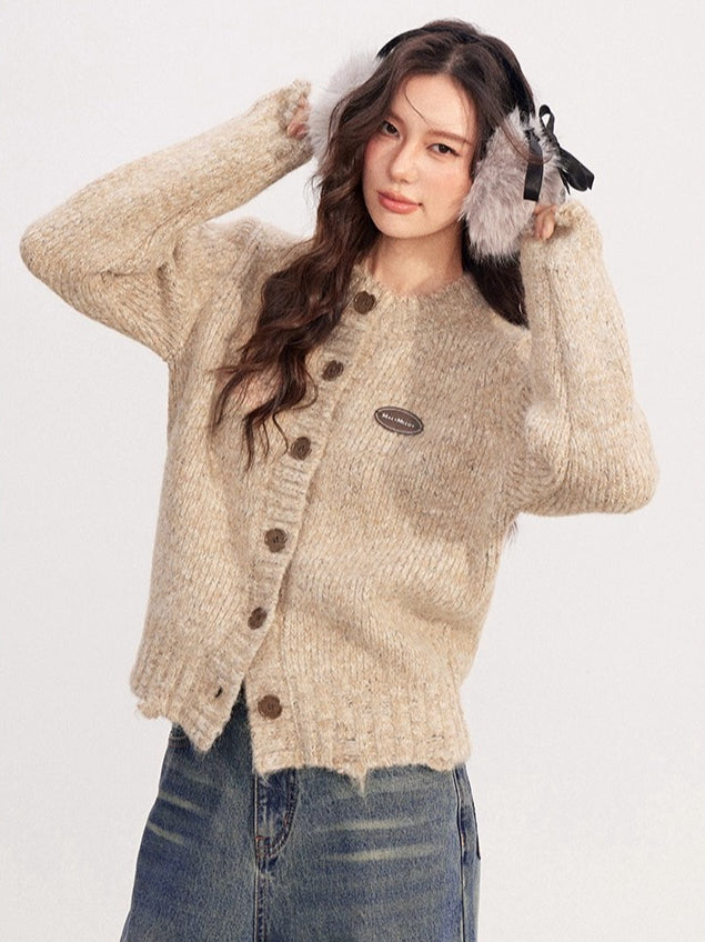 Khaki Tweed Chunky Knit Cardigan