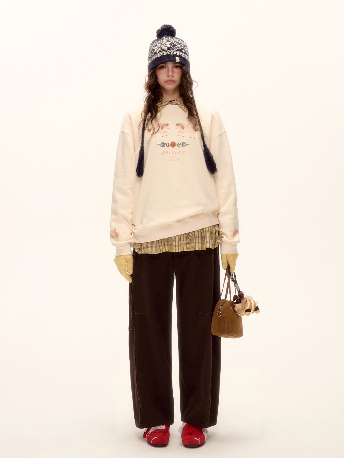 Floral Pony Print Fleece-Lined Pullover Sweatshirt