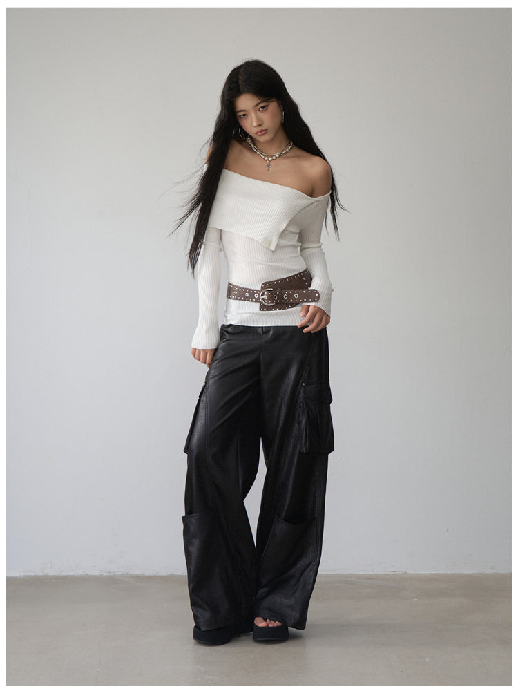 One-Shoulder Collared Knit Crewneck