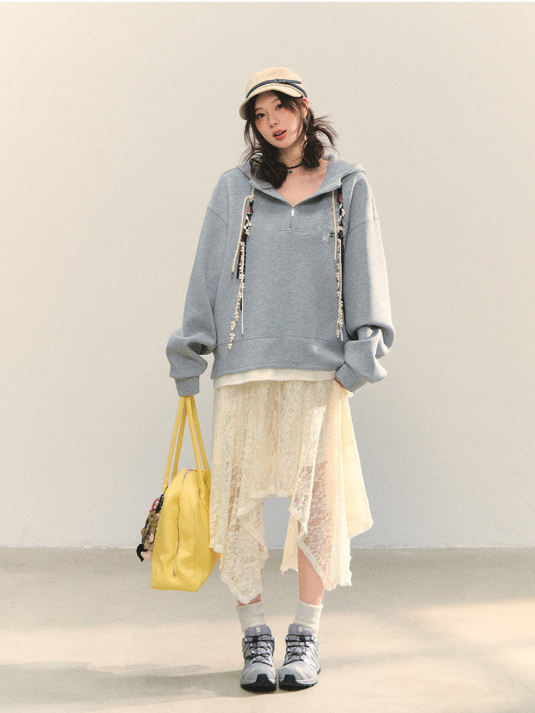 Fake Two-Piece Flower Embroidery Hat Cord Pullover Hoodie