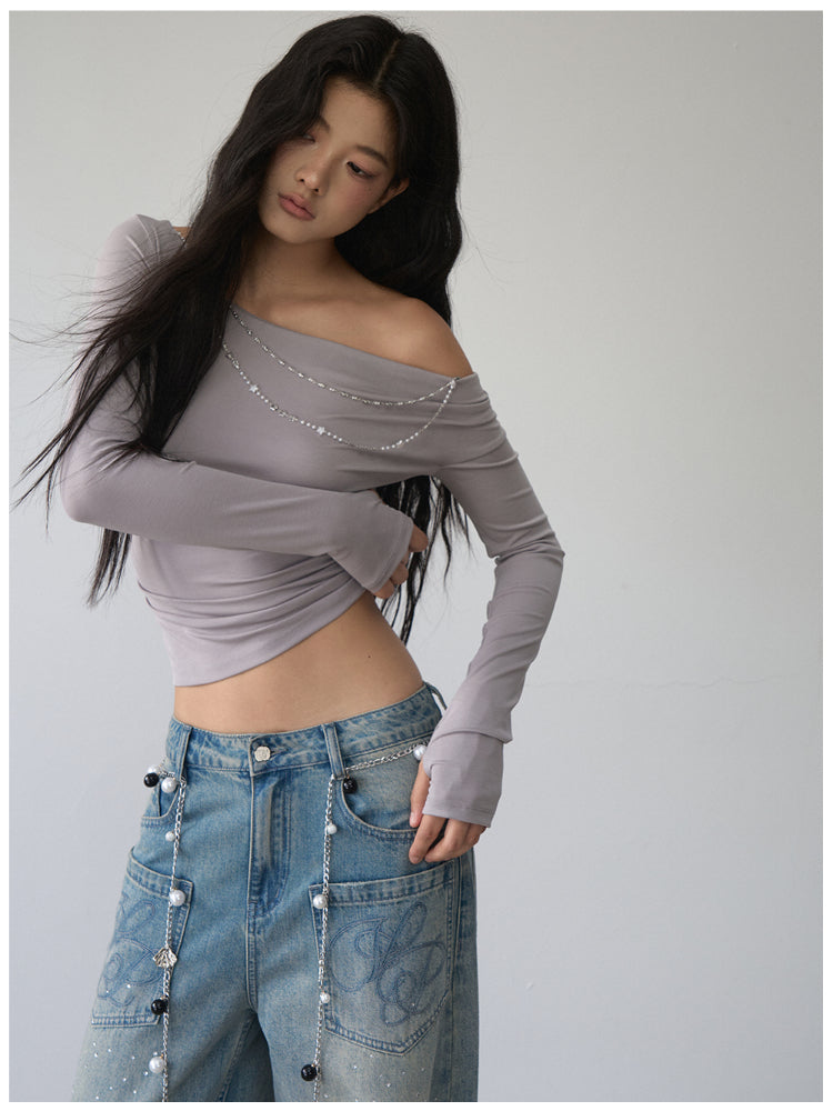 Double-Chain Asymmetric Long-Sleeve T-Shirt