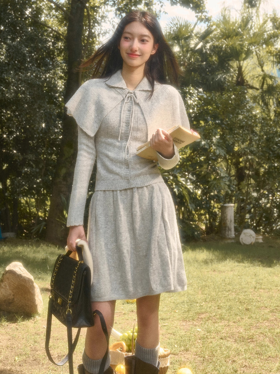 Snow Library Wool Knit Cape Cardigan & Skirt Set