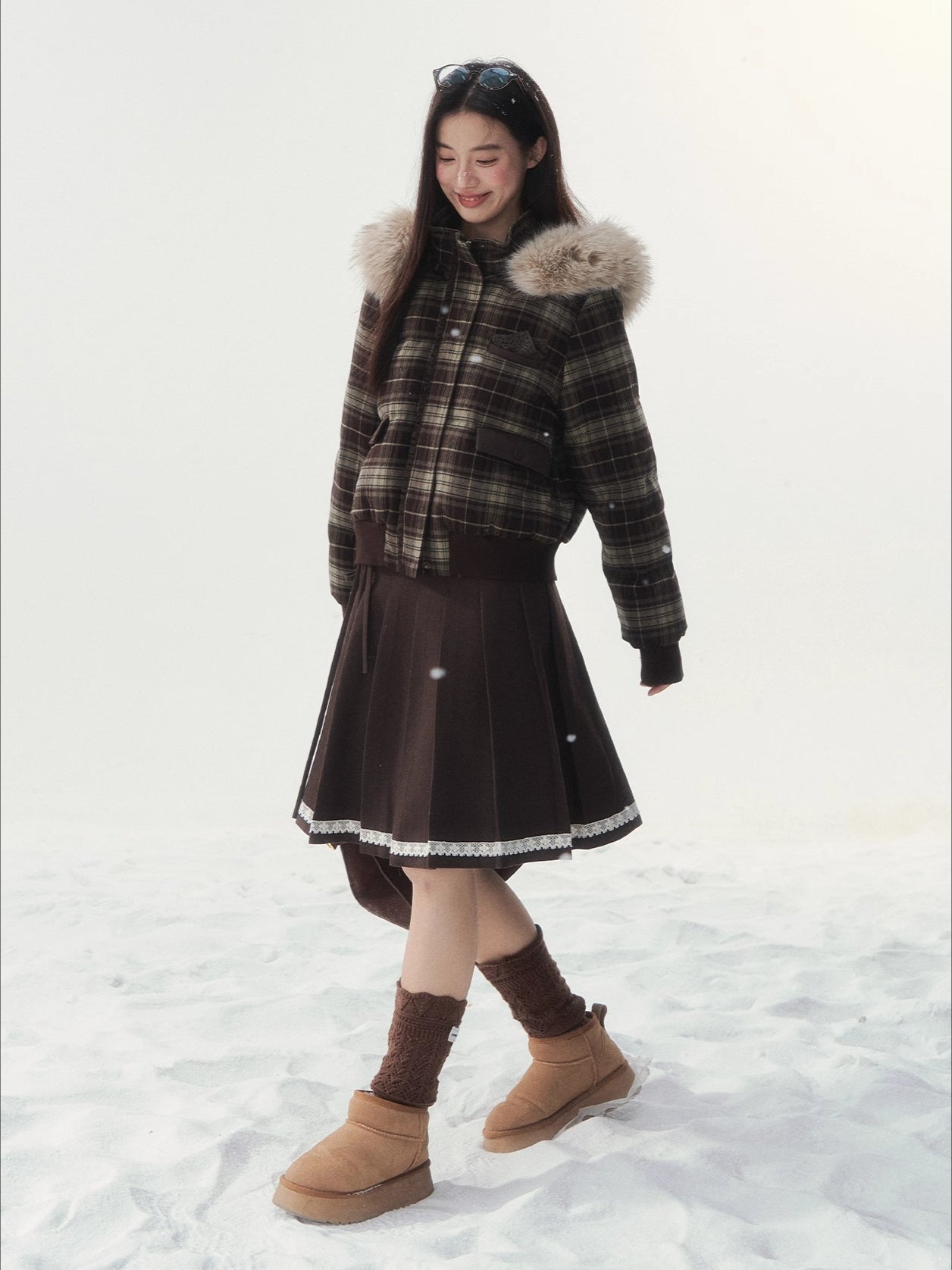 Plaid Floral Faux-Fur Down Jacket