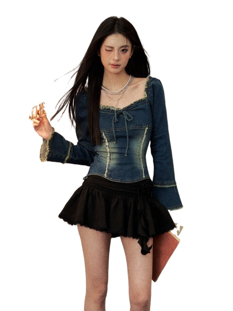 Denim Blue Frayed Edge Off-Shoulder Top