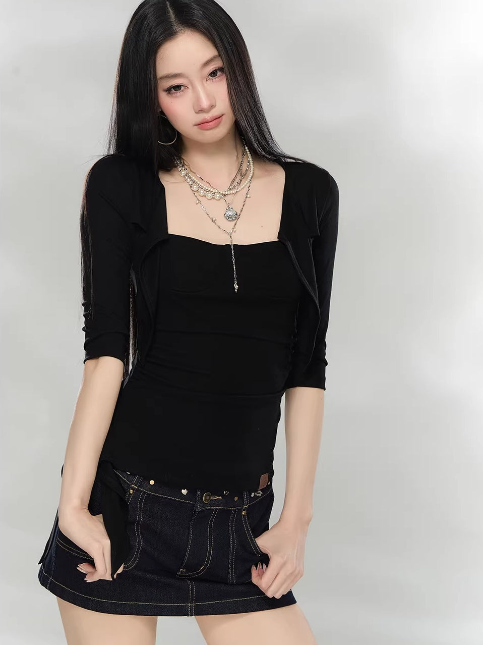 Black & Khaki Tie Cutout Top