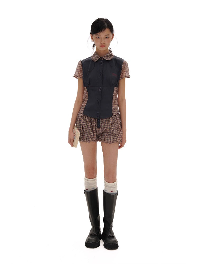 Retro Plaid Split Short Sleeve Shirt & Puff Skirt Set