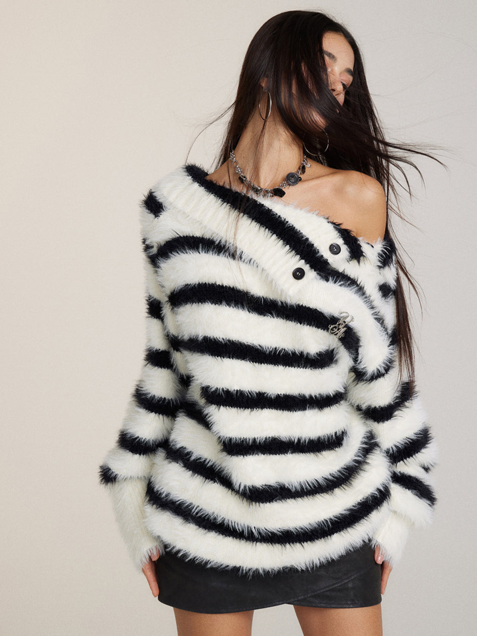 Wool Patchwork Asymmetrical Shoulder Pullover Sweater