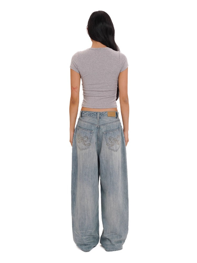 Rhinestone Pocket Embroidered Denim Capri Shorts/Long Pants