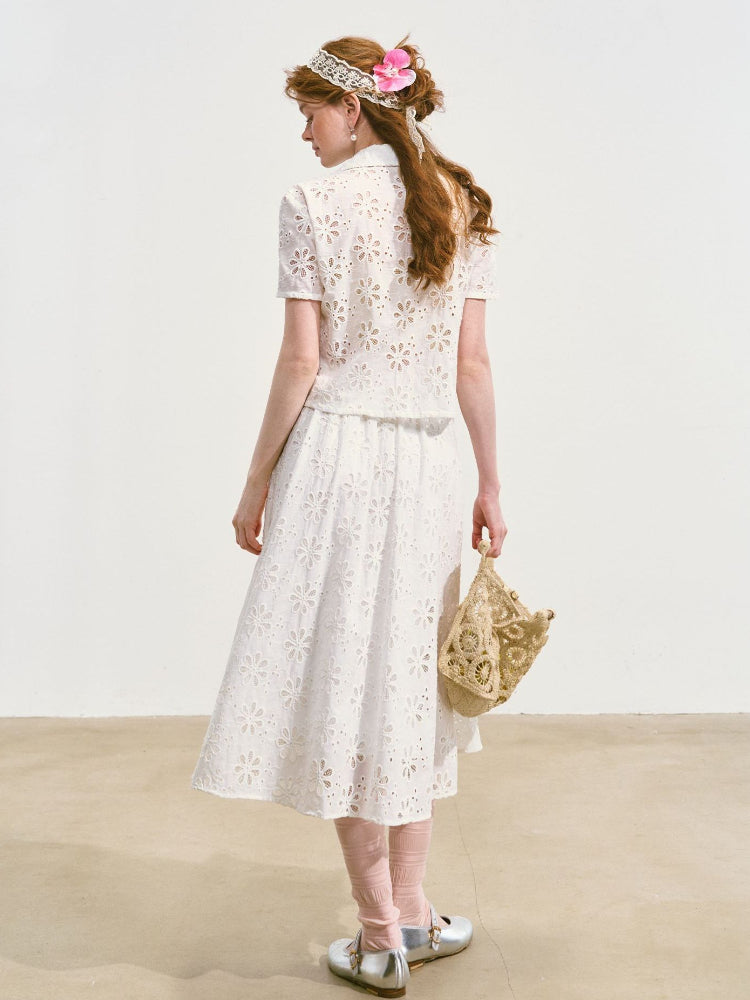 Hollow-out Flower Tie-up Short-Sleeve Top & Skirt Set