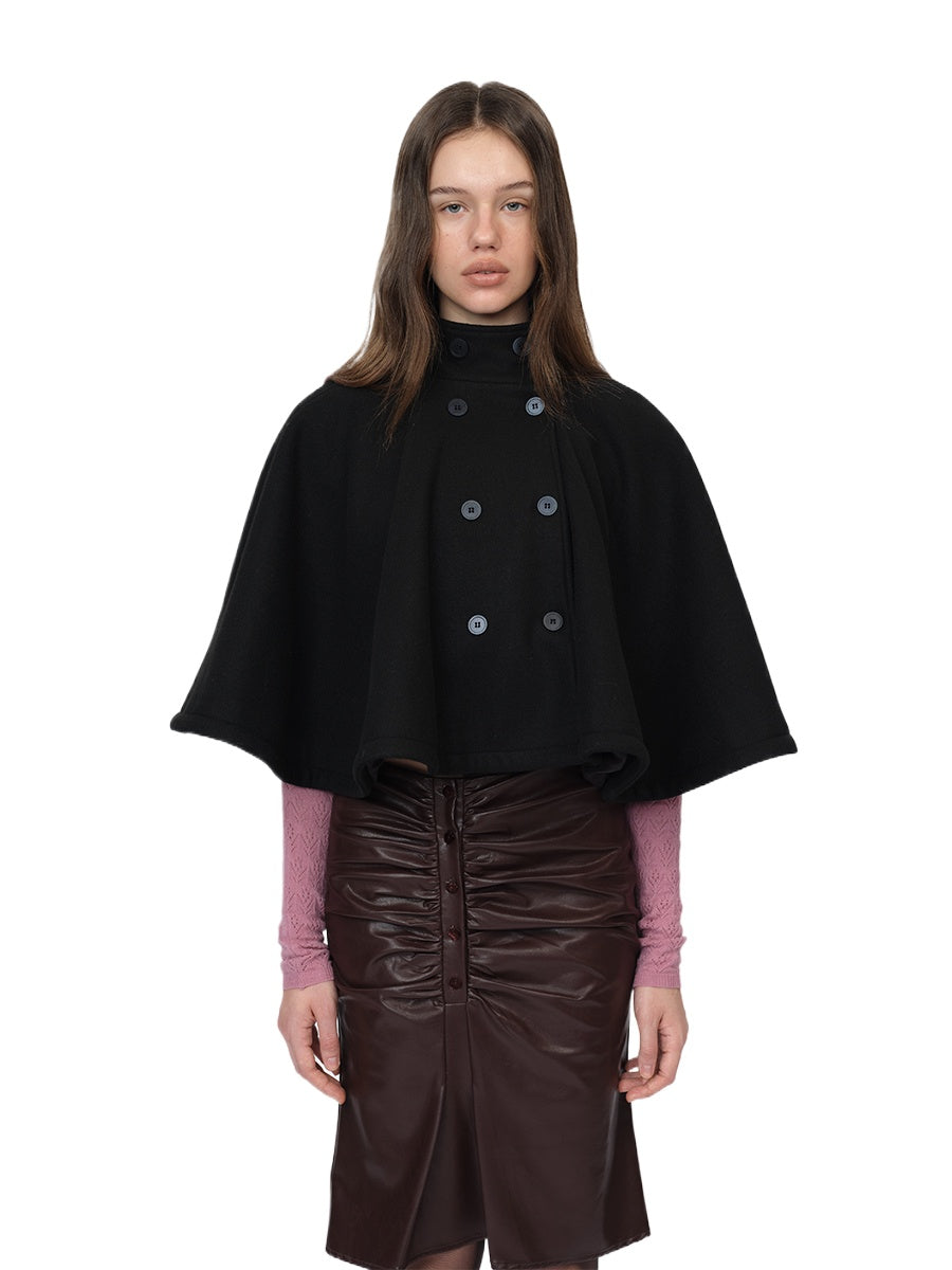 Black Wool Short Double-breasted Cape