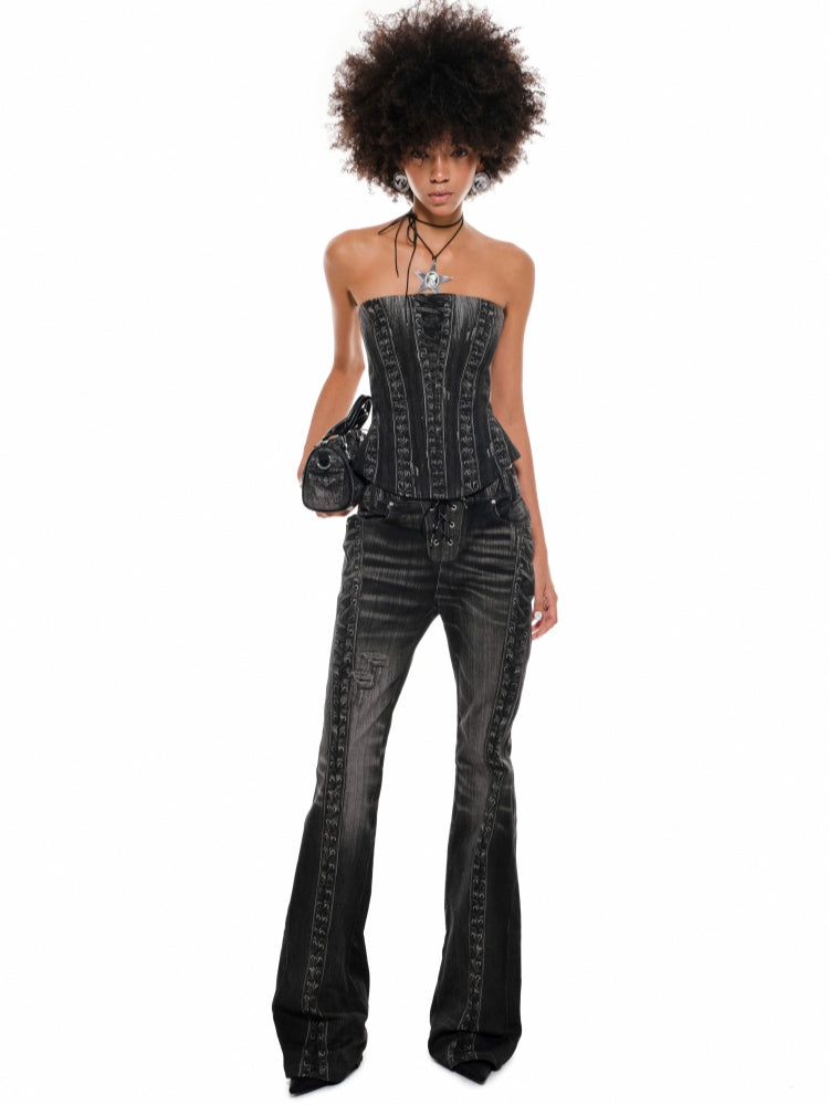 Denim Blue & Black Printed Fishtail Corset