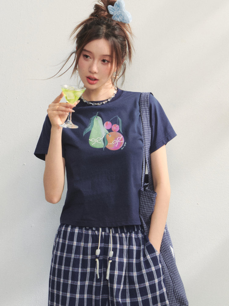 Printed Pearl-Decorated Short-Sleeve T-Shirt