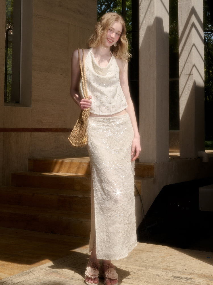 Embroidered Sequin Knit Top & Skirt Set