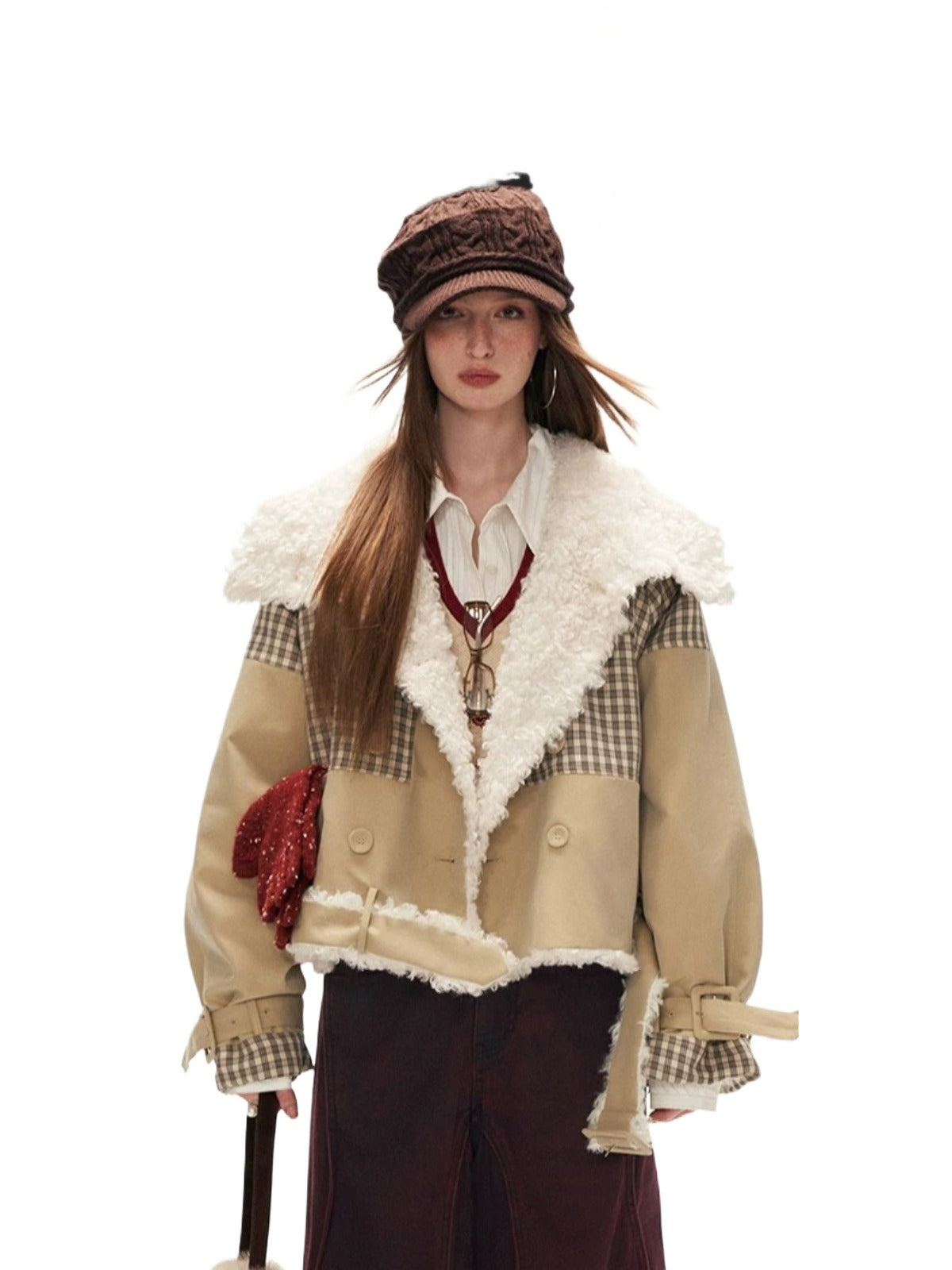 Plaid Faux-Fur Collar Casual Jacket