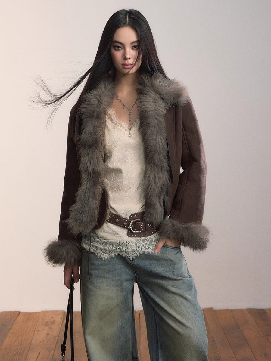 Bow Knot Tie Faux Leather Fur Combo Jacket