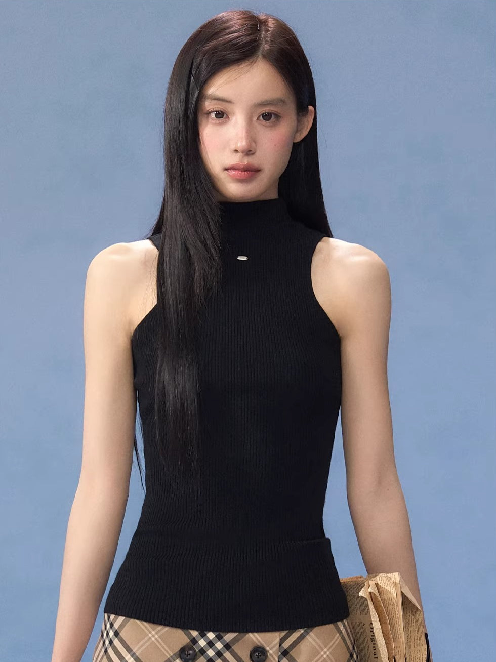 Black Mock-neck Top & Plaid Skirt Set