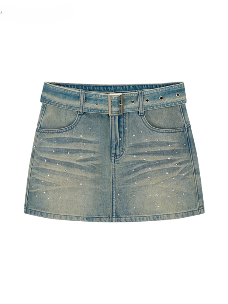Belted Rhinestone Denim Skirt