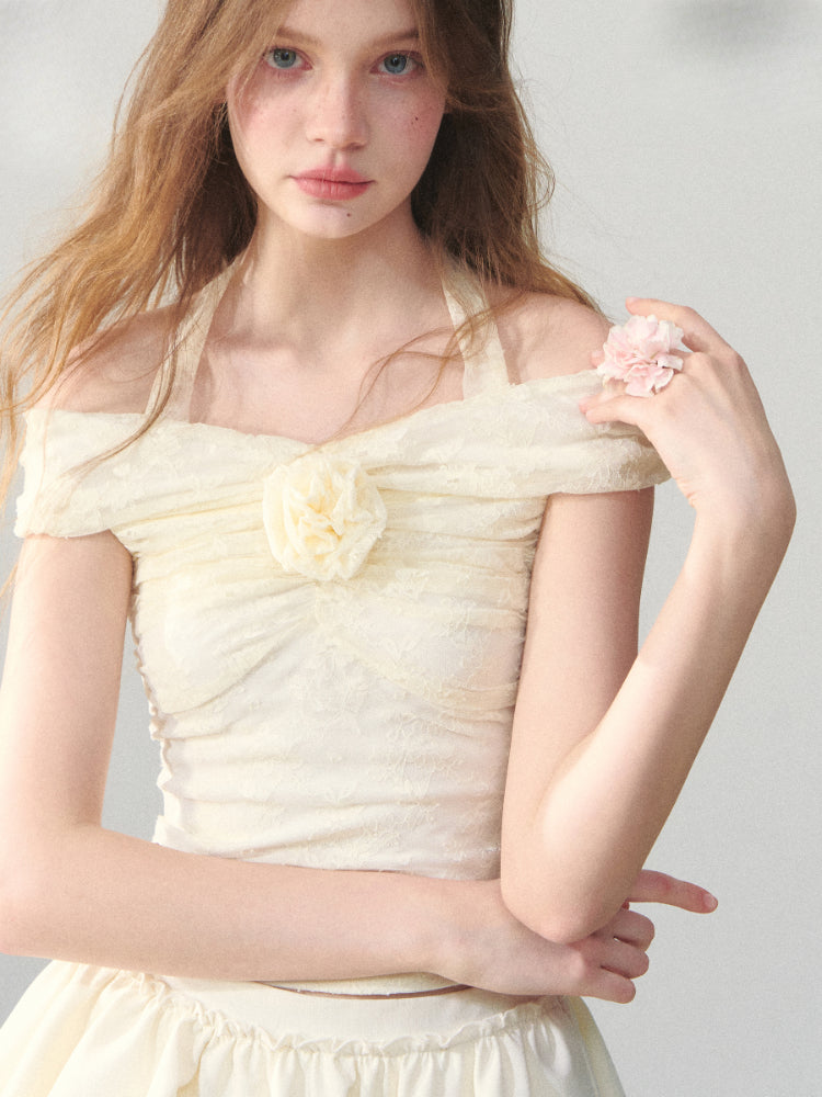 Off Shoulder 3D Flower Lace Short Top