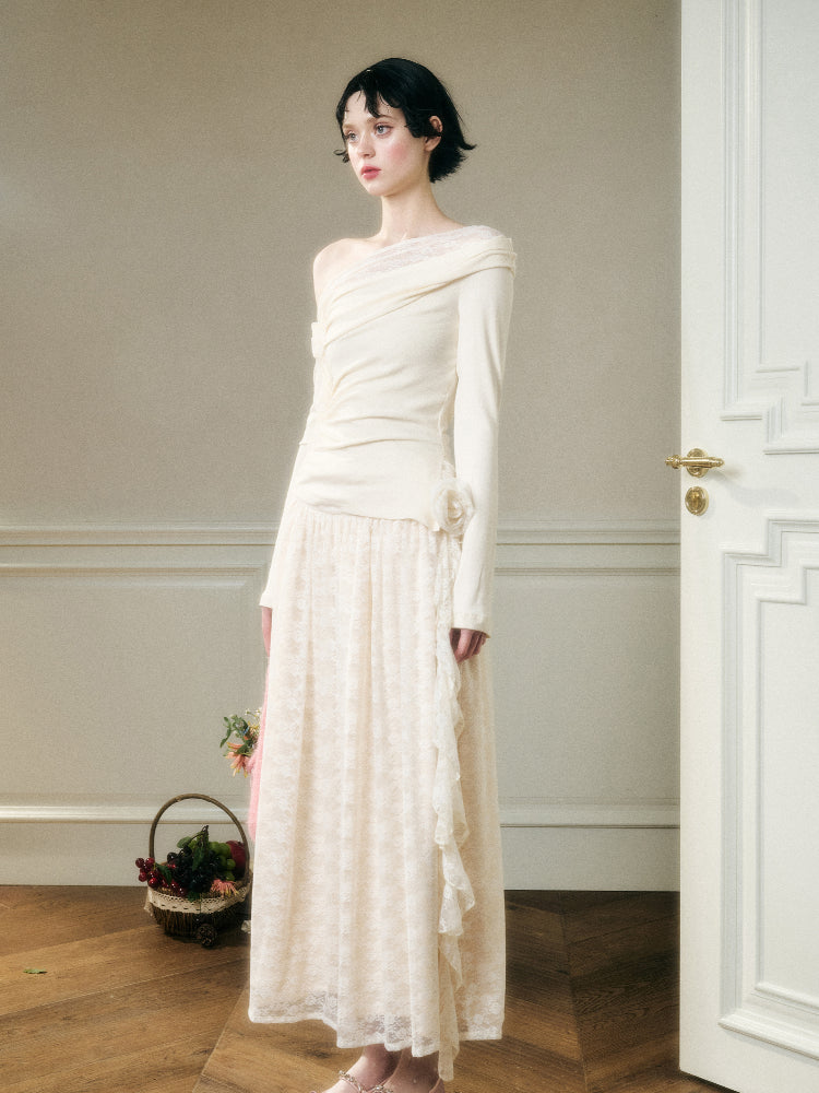 Lace Floral Asymmetrical Off-Shoulder Top & Skirt Set