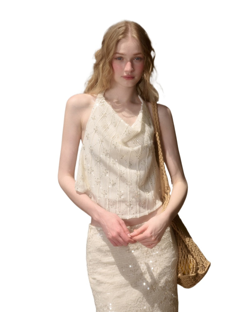 Embroidered Sequin Knit Top & Skirt Set