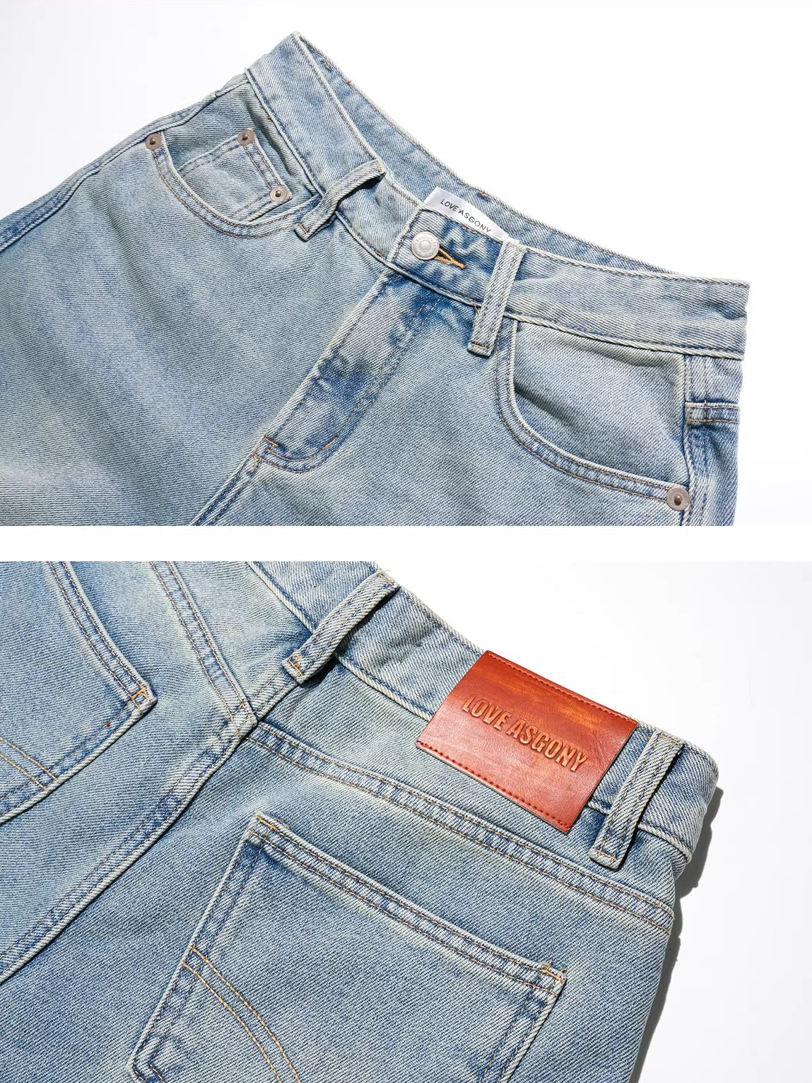 Blue Shearling-Trim Straight-Leg Denim Pants