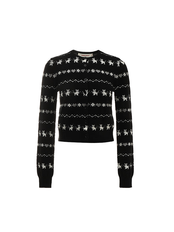 Cat Jacquard Slim-Fit Knit Cardigan & Scarf