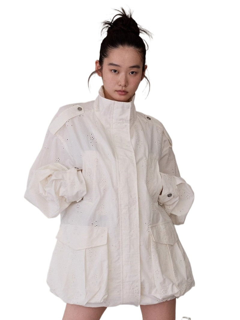 Heavy Embroidery Jacquard Multi-pocket Stand Collar Utility Jacket
