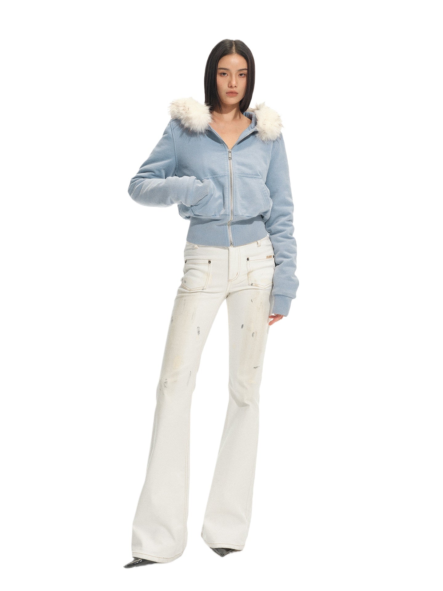 Fox Fur Trim Washed Cotton Fitted Hoodie
