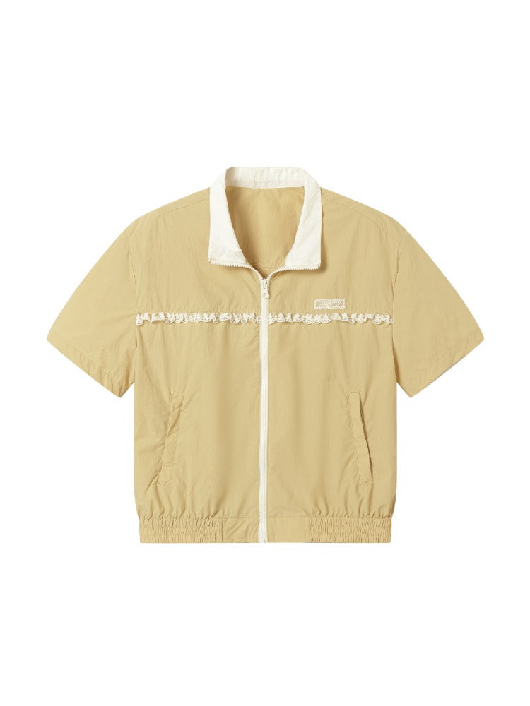 Color Blocking Lace Trimmed Short-Sleeve Outerwear & Skirt Set