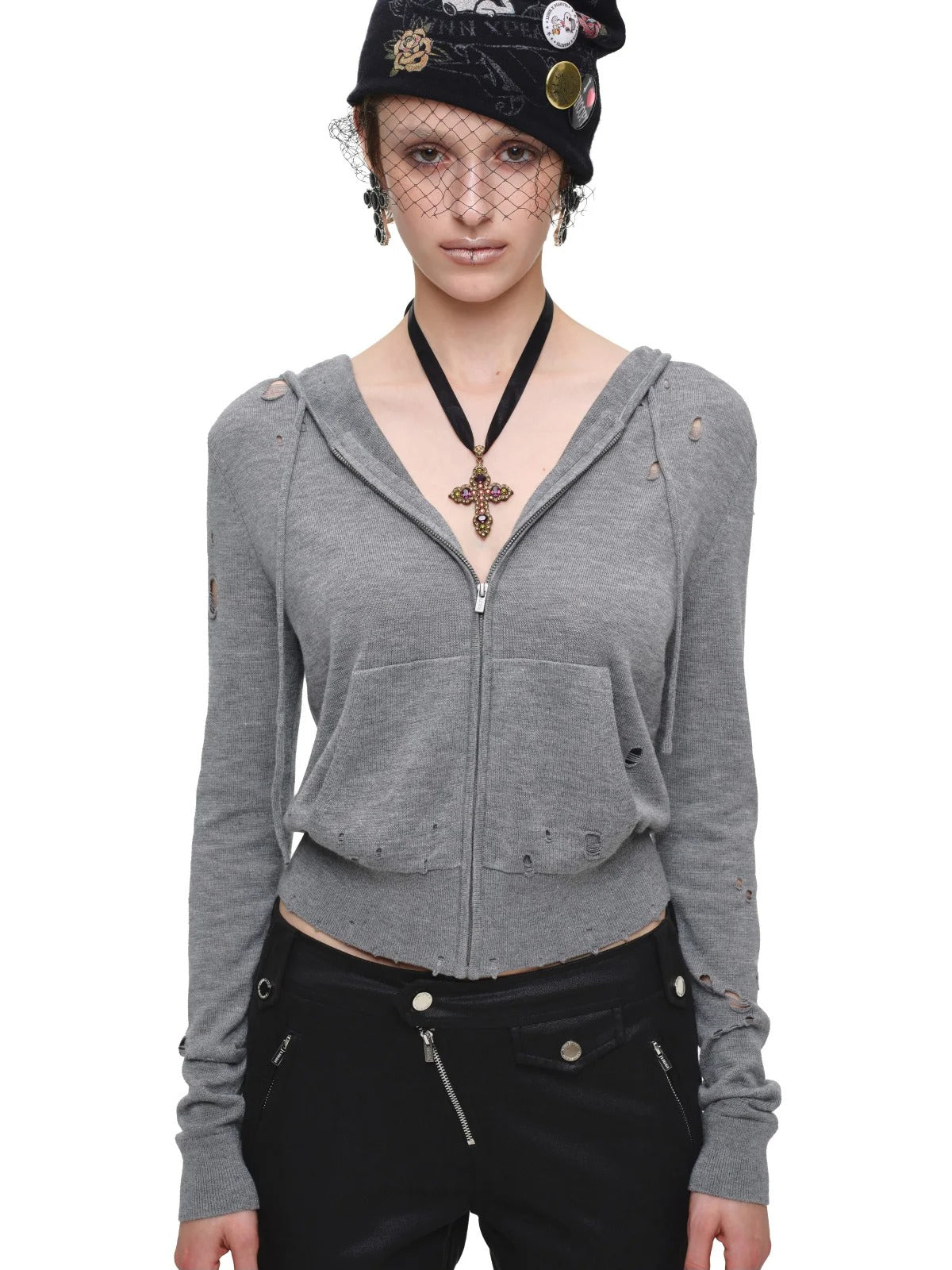 Distressed Hooded Knit Cardigan