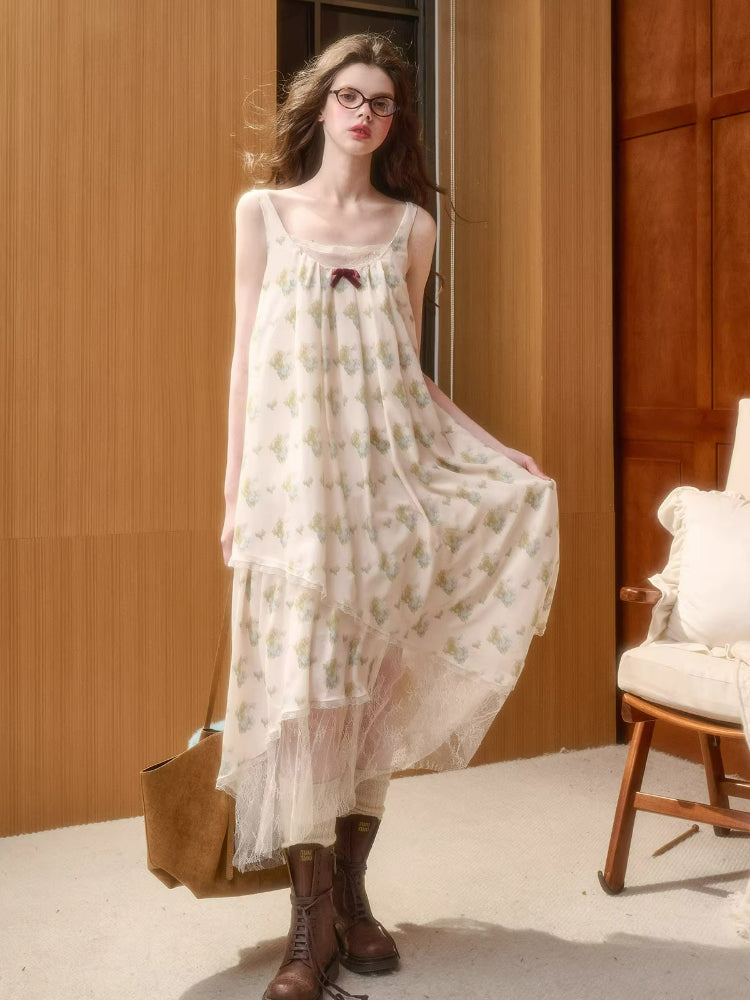 Faux-Layer Lace Trim Chiffon Slip Dress