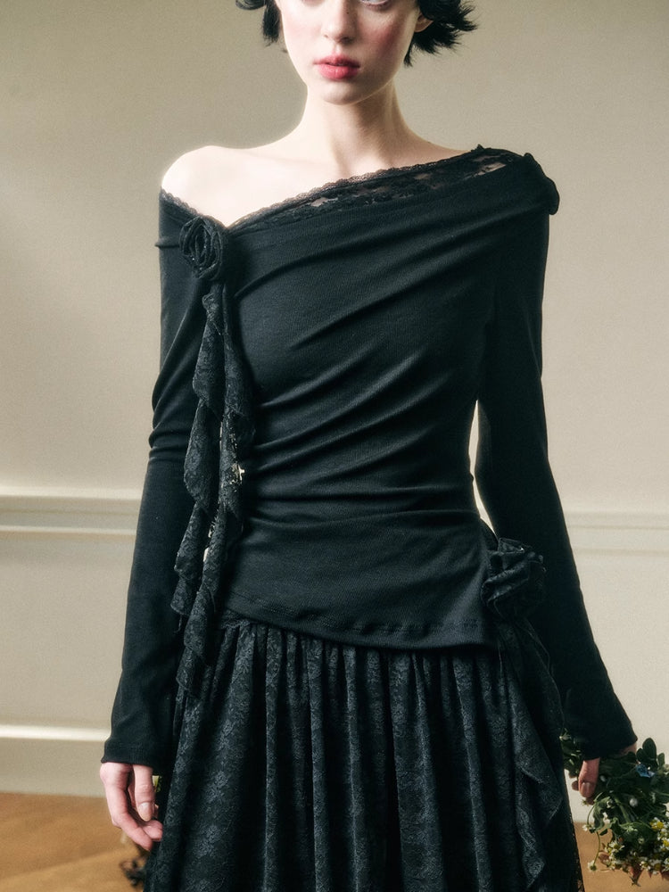 Lace Floral Asymmetrical Off-Shoulder Top & Skirt Set