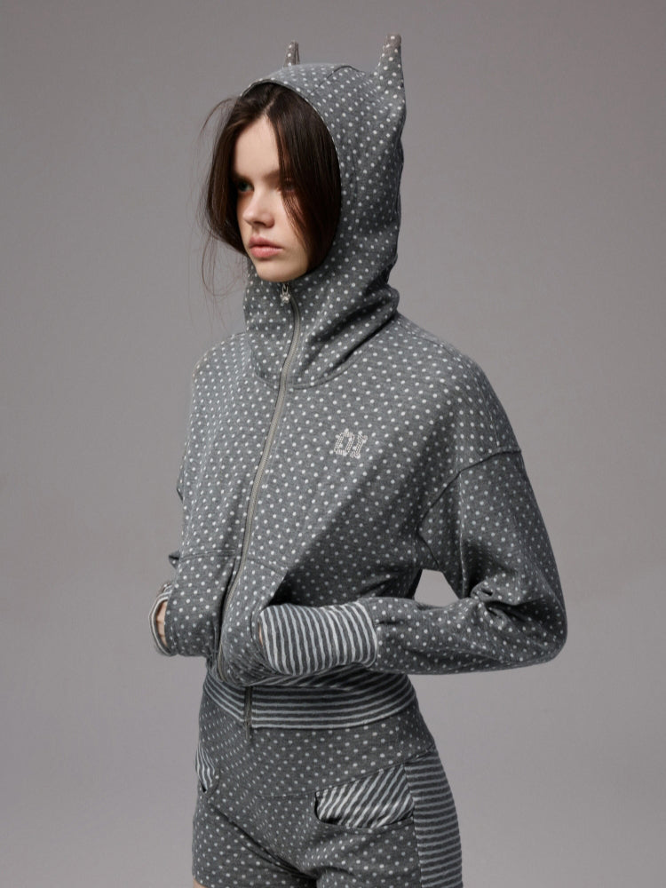 Double-Slider Small Polka Dot Devil Horn Hoodie