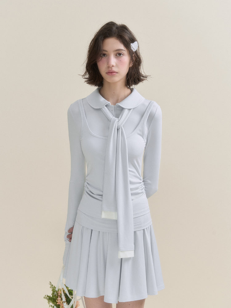 White & Blue Collared Knit Top & Skirt Set