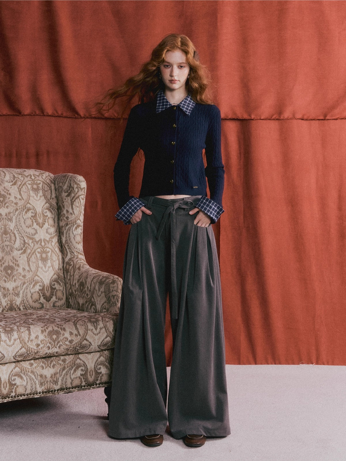 Pleated Tie Wide-Leg Pants