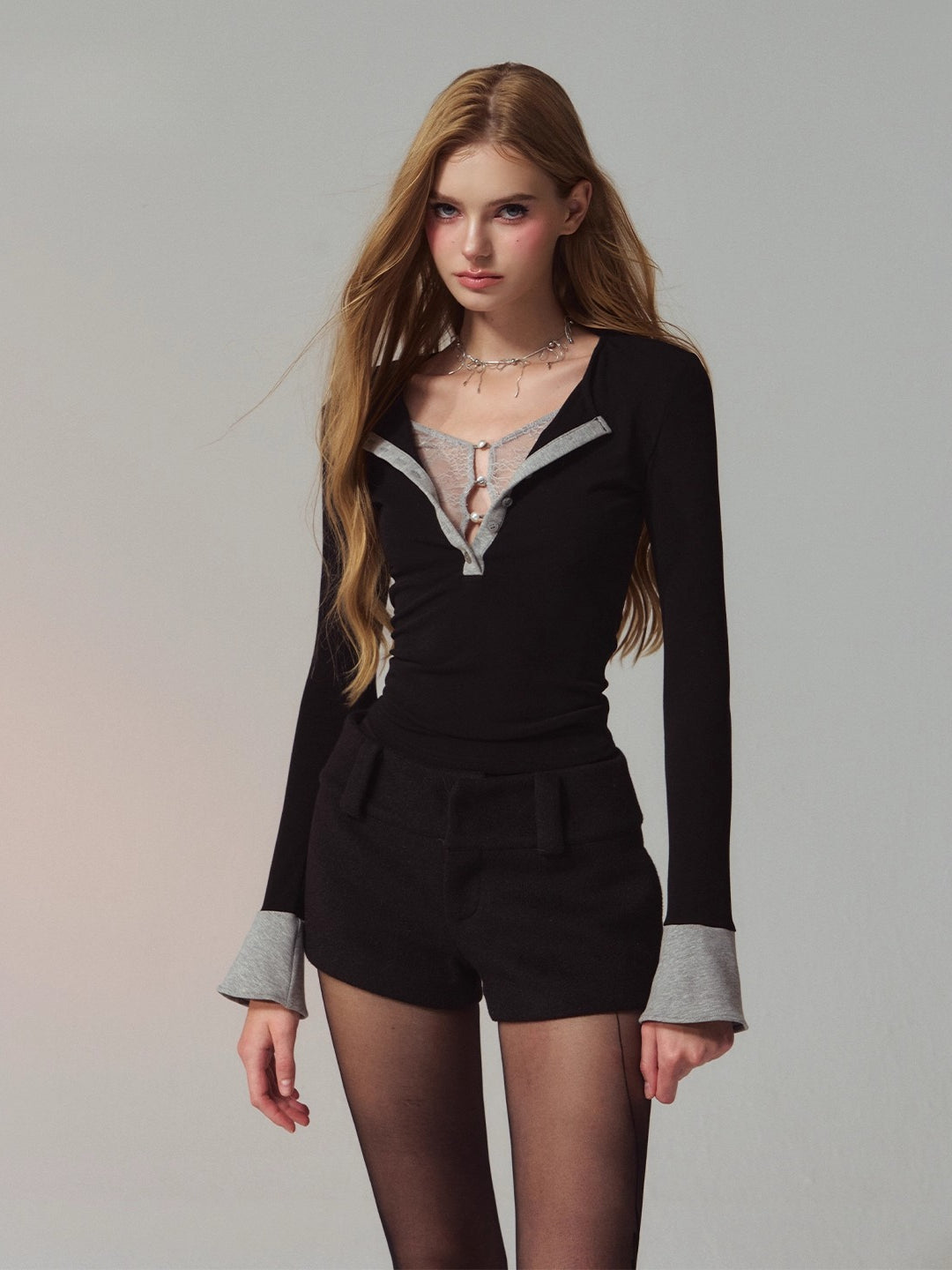 Lace Layered Spliced Henley Neck Slim Long-Sleeve