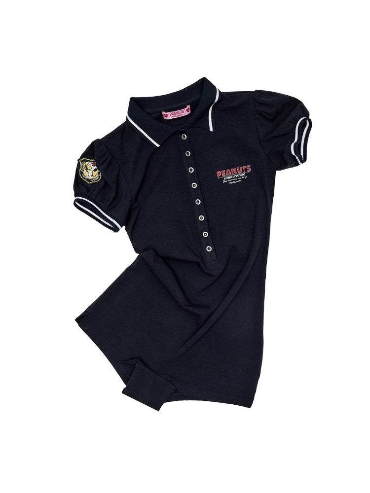 Navy Puff Sleeve Polo Romper