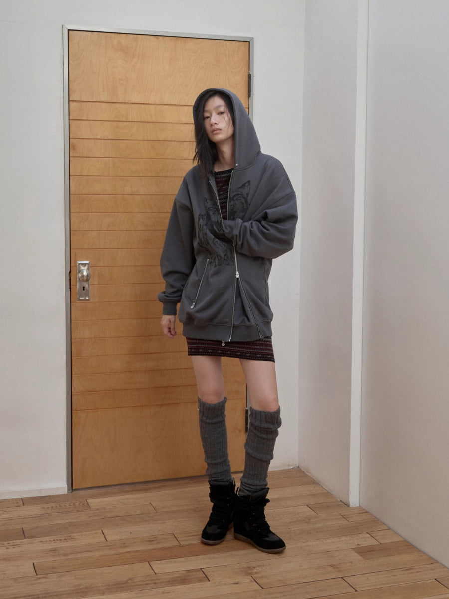 Cat Graphic Double-Zip Convertible Hoodie Jacket