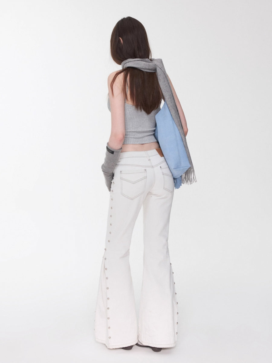 Studded Flared Denim Whisker Detailing Jeans