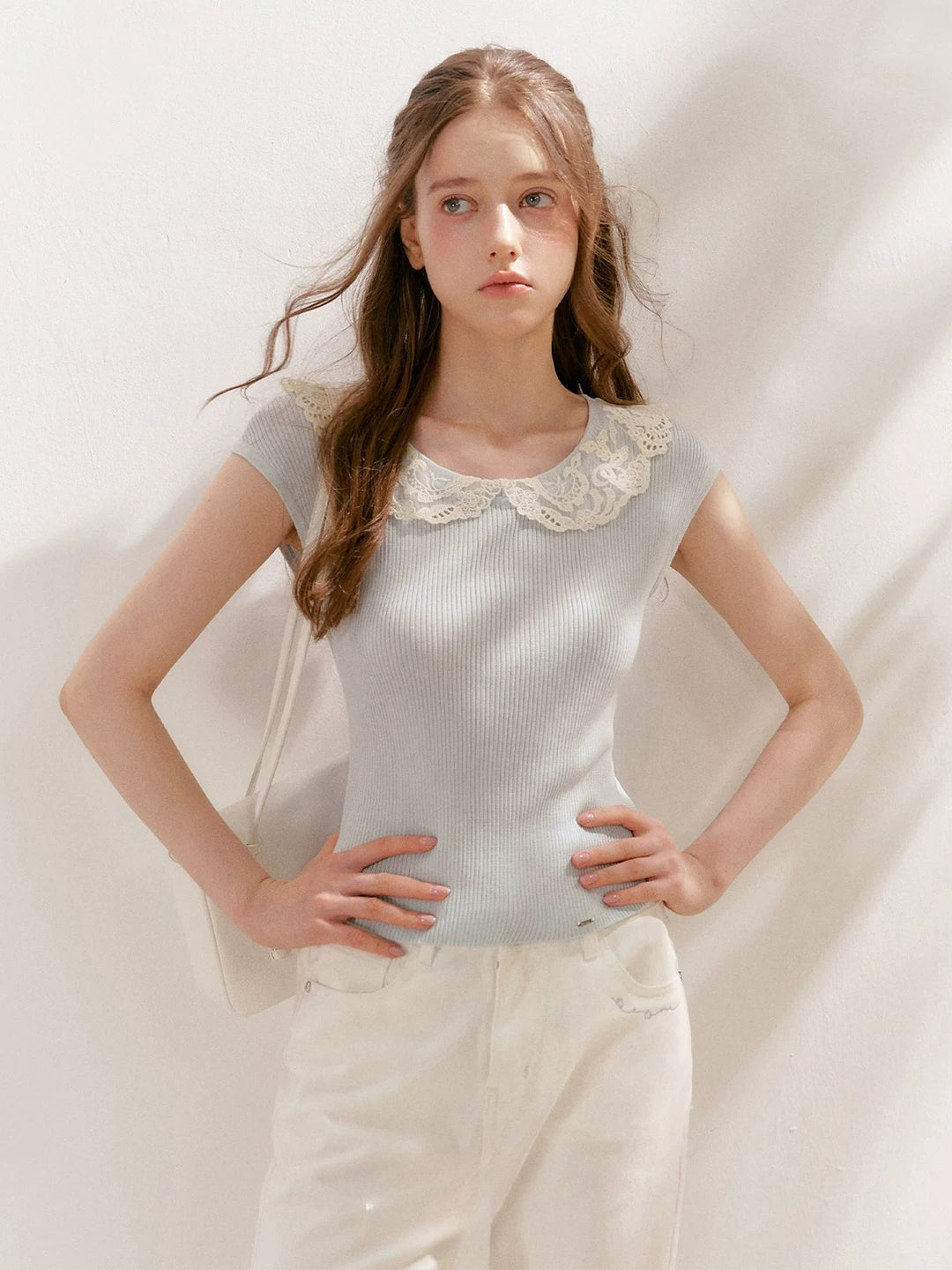 Lace-Collar Knit T-Shirt