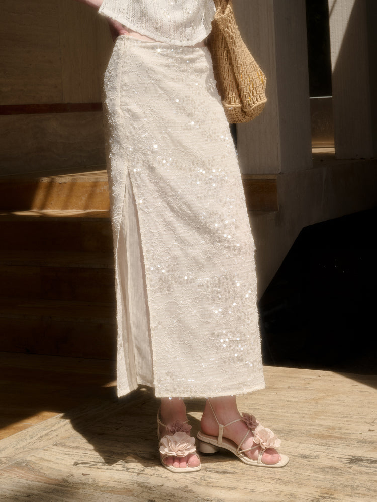 Embroidered Sequin Knit Top & Skirt Set