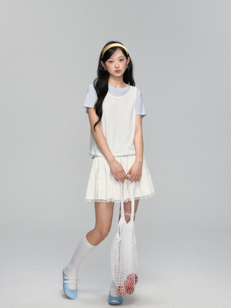 High-waisted Drawstring Lace-spliced Tiered Skirt